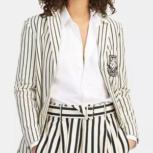 NWOT Polo Ralph Lauren Womens SZ 2 Cream Striped Crest Patch Cotton Blazer